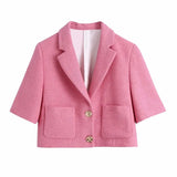 Casual Crop Coat Women Elegant Single Breasted Pockets Slim Office Ladies Tweed Jacket Chic Tops Vintage Spring