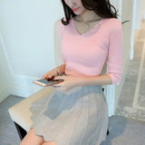 Autumn Long Sleeve Sweater Women Winter Spring Pullover Solid Black White Knitted Sweater Top Wave Cut V-neck Basic