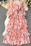 Autumn Women Floral Ruffle Long Dress Bohemian Vacation Beach Maxi Robe Female Elegant V-Neck Lantern Sleeve Robe