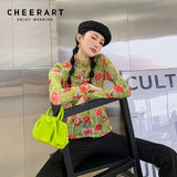 Oil Painting Turtleneck Long Sleeve Mesh Top Floral Print Green Tees See Through T Shirt Fall 2021 Womens
