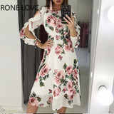 Women Chic All Over Print Floral Lace up Ruffle Hem Sleeve Hollow out Midi
