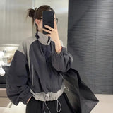 Streetwear Cropped Jacket Women Y2K Harajuku Patchwork Short Bomber Jackets Korean Zip Up Oversize Lightweight