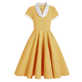 Patchwork Summer Women Swing Pin Up 50s Dresses Green Blue Yellow Fashion Pure Color Casual Elegant 50s Swing Flare