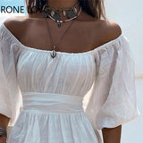 Women Solid Chic A Line Half Long Lantern Sleeves Ruffles Summer Mini Sexy Party