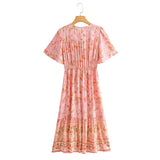 Queens Women Floral Print Tie Neck Beach Bohemian Maxi Dresses Ladies Rayon Cotton Boho Pleated Dress