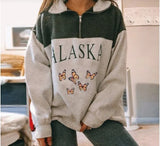 Women Sweatshirt Oversized Alaska Letter Fashion Vintage POLO Collar Casual Pullovers Long Sleeves Winter Hoodie Fleece