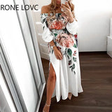 Women Off Shoulder Floral Print Off Shoulder High Slit Maxi Dress Bodycon Party