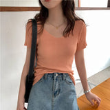 2021 Basic V-neck Solid Thin Summer Pullover Women Female Knitted Ribbed Sweater Slim Short Sleeve Bodycon