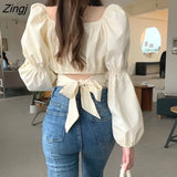 Women Back-bow Tender Spring Solid Sweet Style Korean Ladies All-match Crops Trendy Slim Blusas Puff Sleeve Preppy