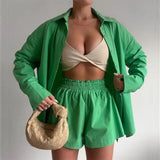 Casual Two Piece Sets Womens Outifits Shorts Fashion Set of Pants and Blouse Solid Color Cardigans Y2k Tracksuit