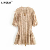 Queens Women Floral Print Half Sleeve Tassel Ruffles Beach Bohemian Mini Dresses Ladies Loose V-neck Rayon Vintage