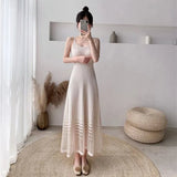 Knitted Camis Dress Women Korean Fashion Slim Mesh A Line Long Dress Female Elegant Sleeveless Elastic Base Sundress