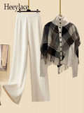 Knitted Two Pieces Sets Womens Outfits Office Ladies Elegant Vintage Plaid Patchwork Sweater Cardigan+ Wide Leg Pant