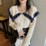 Fashion Woman Sweaters Embroidered Cropped Knitted Sweater Vintage Cute Peter Pan Collar Female Pullovers Chic