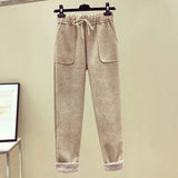 Streetwear Women Warm Plush Pants Fashion Faux Lamb Fleece Thick Harem Pants Female High Waist Elastic Korean Casual