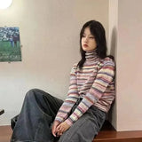Y2K Striped Sweater Women Harajuku Turtleneck Knit Pullovers Korean Patchwork Knitwears Vintage O Neck Slim Jumpers