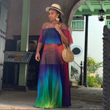 Shoulder Rainbow Color Elegant Women Dress Chiffon Summer Maxi Dress A-line Floor Length Femme Pleated Dress 2019