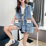 Loose Denim Tanks Women Spring Casual Korean Pockets Buttons Vest Vintage College Style Turn-dowm Tank Top for