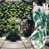 Boho Parrot Printed Front Open Summer Beach Dress Sexy White Chiffon Tunic Women Plus Size Beachwear Long Kimono Dress