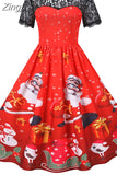 Christmas Costume Party Dress Women Short Sleeve Lace Vintage Winter Dress Robe Elegant Xmas Evening
