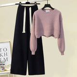 Winter Knitted Two Piece Set Women Casual Pullover Long Sleeve Knitting Sweater And Wide Leg Pants Sets For Women