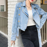 2023 Designer new Fashion Women's Gold Buttons blue Denim Motorcycle Biker zipper Jean