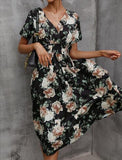 Printed Casual Beach Midi Dresses Women Summer V-neck Short Sleeve Empire Waist A-Line Dress Sundress Vestido Robes