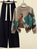 Winter 2 Piece Sets Womens Outfits Office Ladies Oversized Knitted Swerter And Wide Leg Pants Suits Knitting Two Piece
