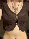 Y2K Vintage Fashion Brown Crop Top Sexy Skinny Summer T-shirts Women See Through Frill 90s Aesthetic Cute Preppy