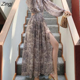 Beach Floral Maxi Dress Women Elegant Hollow Out Korean Holiday Split Dress Female Casual Long Sleeve Fairy Party
