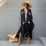 Floral Embroidered Front Open Long Kimono Cardigan Plus Size Navy Blue Tunic Women Tops and Blouses Shirts