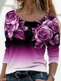 Long Digital Printing Sleeve Loose Neck Casual Pullover Print