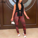 Autumn Sexy 2 Two Piece Sets Rave Club Outfits For Women 2021 Black Halter Bandage Crop Top Skinny Print Pants Sets