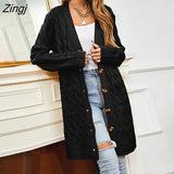 Women Long Cardigan Sweater Jacket 2021 Winter New Solid V-neck Pocket Button Knitwear Vintage Twist Cardigans