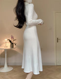 White Knitted Dresses for Women 2023 Autumn Winter Korean Fashion Slim A-line Long Sleeves Sweater Casual Female