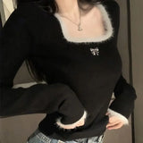 Y2K Cropped Knitted Pullovers Women Square Collar Patchwork Sweater Korean Elegant Slim Knitwear Casual Chic Jumpers