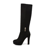 Women Flock Platform Square High Heel Knee High Boots Fashion Zipper Boots Autumn Winter Woman Shoes Black Brown Wine