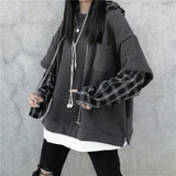 Plaid Hoodies Women Loose Causal Deeptown Striped Lady Sweatshirt Gothic Style Korean Fashion Street Pullovers