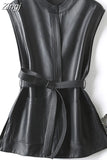 Spring Autumn Black Soft Pu Leather Vest Luxury Brand with Belt Luxury Elegant Office Sleeveless Jackets for Women