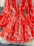 Vintage Women Pleated Chiffon Mini Dress Elegant V-Neck Draped Single Breasted Ruffle Vestidos Sexy Party Robe 2023