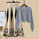 Women Autumn Winter Warm Knitted Two Pieces Sets Korean Long Sleeve Pullover Sweater Top And High Waist Skirts
