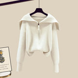 Winter Knit Two Piece Sets Womens Outfits Ladies Casual Sailor Collar Knitted Sweater And Wide Leg Pants Sets Koeran