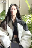 Black White Patchwork Leather Korean Jackets Women Street Contrast Color Outerwear Loose Moto Biker Bomber Coat