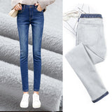 Jeans Pants For Women clothes Winter Blue Light blue Solid Skinny Fleeces Thick Pencil Pants with Velvet Denim