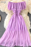 Chiffon Dress Women Sexy Slash Neck Ruffle Robe Elegant Ruffle High Waist Vestidos Female Beach Vacation
