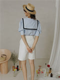 Preppy Style Puff Sleeve Bird Embroidery Blouse Women Blue Summer Short Sleeve Sailor Collar Cute Designer