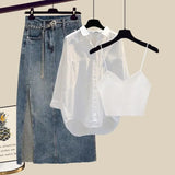 Outfits For Women 2023 Fashion Sling Vest+long Sleeve Sunscreen Shirt+side Split Denim Skirts Sets Korean 3 Piece