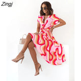 Print Dresses Women Summer Dress YEMOGGY 2022 New Casual V-neck Single Breasted Lace-up Short Flying Sleeve Midi
