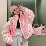 Pink Floral Puffer Jacket- Outfit