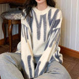 Winter Fashion Vintage Women Geometric Print O-neck Pullover Long Sleeve Loose Knitted Oversize Sweater